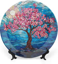 Stained Glass Theme Decorative Ceramic Plate Round Porcelain Plate,10 inch,Cherry Tree Pattern,for Decorative Ornaments Giving Plates, 1 Plate with 1 Display Stand,Blue Pink