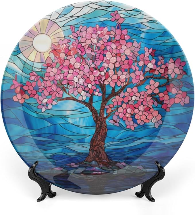 Stained Glass Theme Decorative Ceramic Plate Round Porcelain Plate,10 inch,Cherry Tree Pattern,for Decorative Ornaments Giving Plates, 1 Plate with 1 Display Stand,Blue Pink
