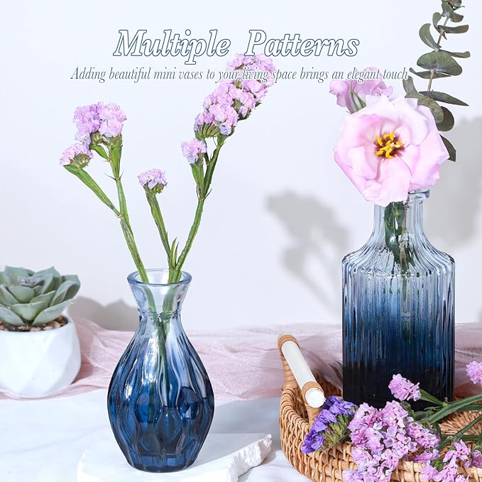 Glass Blue Bud Vases Set of 12, Mini Flower Vase for Centerpieces, Small Glass Vases in Bulk for Bridal Shower Decorations, Vintage Vase for Wedding, Party, Graduation, Home Table Décor