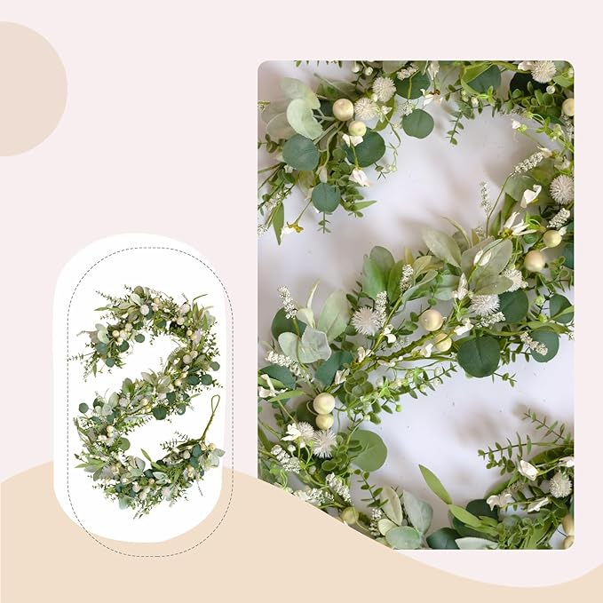 70-inch Summer Garland Green Eucalyptus Leaves with White Fruits Thorns Garland Spring Summer Vine for Front Door Fireplace Dining Table Home Decor, Wedding Arch Party Festival Decor