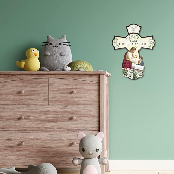 Needzo First Communion Wall Cross, I am the Bread of Life Hanging Decoration for Bedroom, Eucharist Keepsake and Catholic Gifts for Boys, 6 Inches