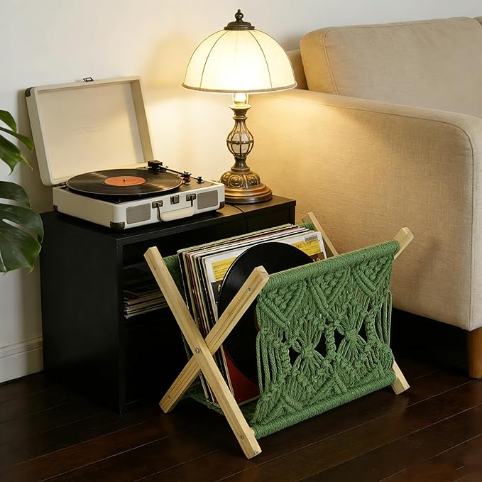 Boho Macrame Magazine Holder,Hand-Woven Magazine Rack for Home Office Desktop, Storage Basket for Letters, Magazines, Books and Newspapers (Green)