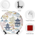 Chinoiserie Pagoda White Coral Blue Asian Fashion Plates of 6", 7", 9", 10", Customize Hand-Painted Ceramic Decorative Plates, Table Housewarming Gifts Decorations Display, Unique Art with Stand