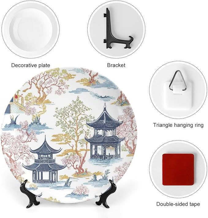 Chinoiserie Pagoda White Coral Blue Asian Fashion Plates of 6", 7", 9", 10", Customize Hand-Painted Ceramic Decorative Plates, Table Housewarming Gifts Decorations Display, Unique Art with Stand