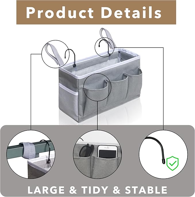 Bedside Caddy Hanging Storage Bag, Organizer Baskets with Pockets for Bunk Bed Accessories, Loft & Dorm Rooms Chair Bed Rails (Gray_1pcs)