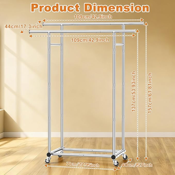 100% Stainless Steel Double Rods Clothes Rack, Heavy Duty Clothing Rack for Hanging Clothes with Sturdy Wheels & Shelves, Portable Rolling Garment Rack for Wardrobe Bedroom Laundry Living Room