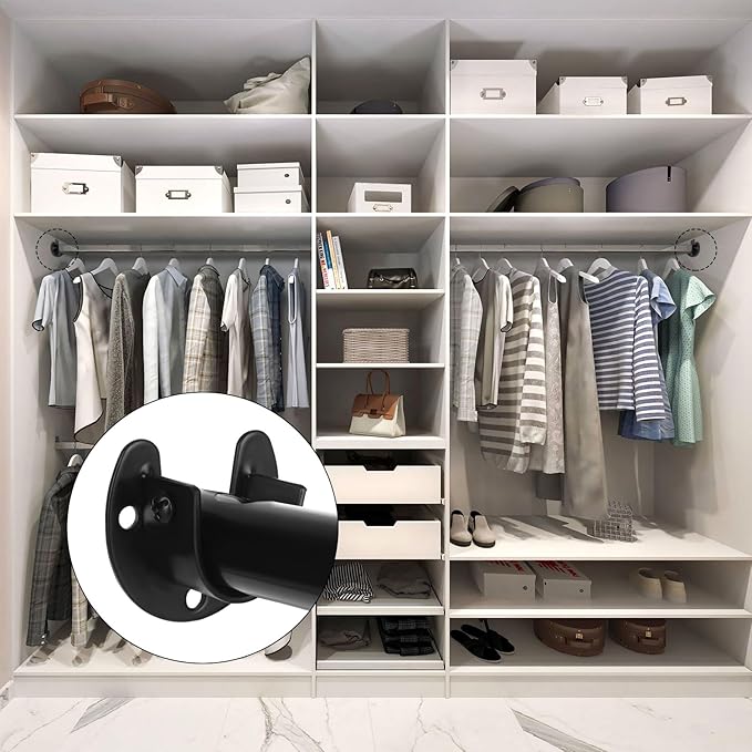 10 Pack Stainless Steel Closet Rod Bracket, 1-1/4 Inch Closet Rod Holder, Heavy Duty Closets Rods Support Brackets, U Shaped Closets Pole Sockets Flange Rods Holder for Curtain Rodd (Black)
