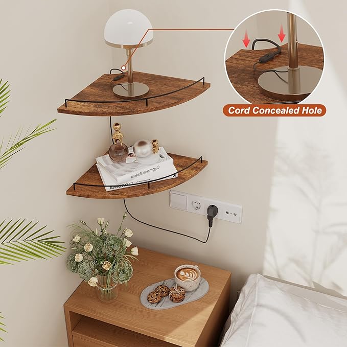 JJL Corner Shelf Wall Mounted, 12 Inches 2-Tier Floating Corner Shelf, Fan-Shaped Rustic Wood Decor with Fence, Brown Storage Organizer for Apartment Bedroom Kitchen Bathroom