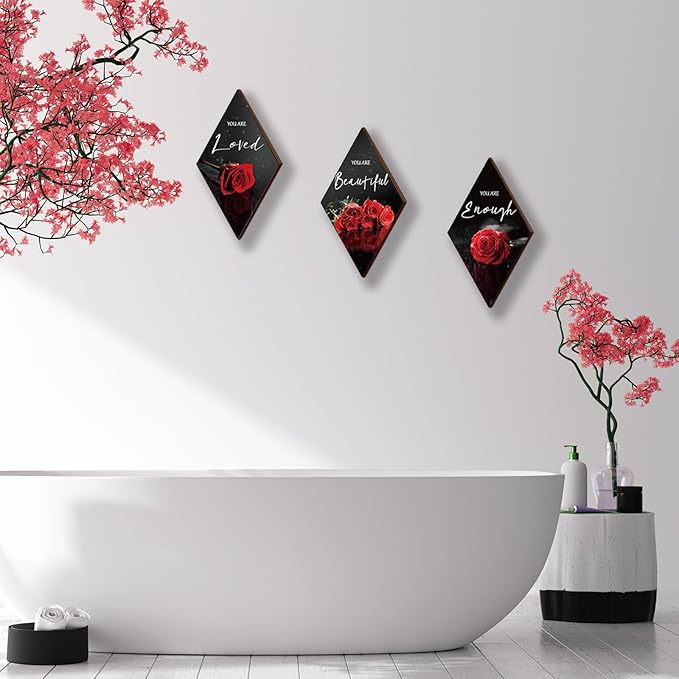 ONIZHITY 3 Pieces Red Bathroom Decor Rose Wooden Wall Decor Positive Quotes You Are Beautiful Red Wall decor Red and Black Wall Decor for Bedroom Room Kitchen Bathroom Wedding Decor(12 x 7 inch)