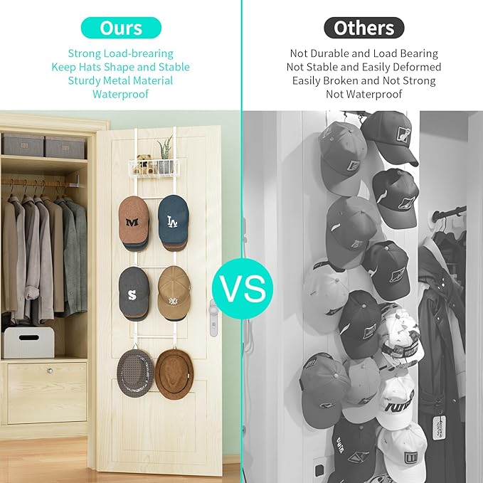 HapiRm Over Door Hat Rack - 2 Packs Wall Mounted Hat Holder with 6 Hooks and Metal Basket Design, Baseball Cap Organizer Storage Up to 32 Caps for Door, Bedroom, Closet, White