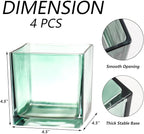 Square Glass Vases Set of 4, 5" x 5" x 5" Green Flower Vases for Centerpieces, Square Vase for Flowers, Small Vase for Wedding, Party, Home Office Decoration