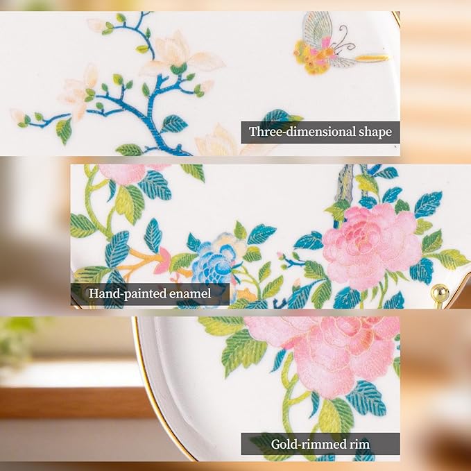 KAMMAK Ceramic Decorative Plate, Porcelain Plates for Kitchen Dining Room Wine Cabinet Home Decor, Vintage Collector Plates with 1 Display Stand, Four-Leaf Clover - Peony