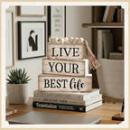 Moucuny 4 Pcs Farmhouse Table Decor Inspirational Wooden Signs Rustic Beaded Wooden Block Gift Sign Live Your Best Life Farmhouse Table Centerpiece for Living Room Housewarming Gift
