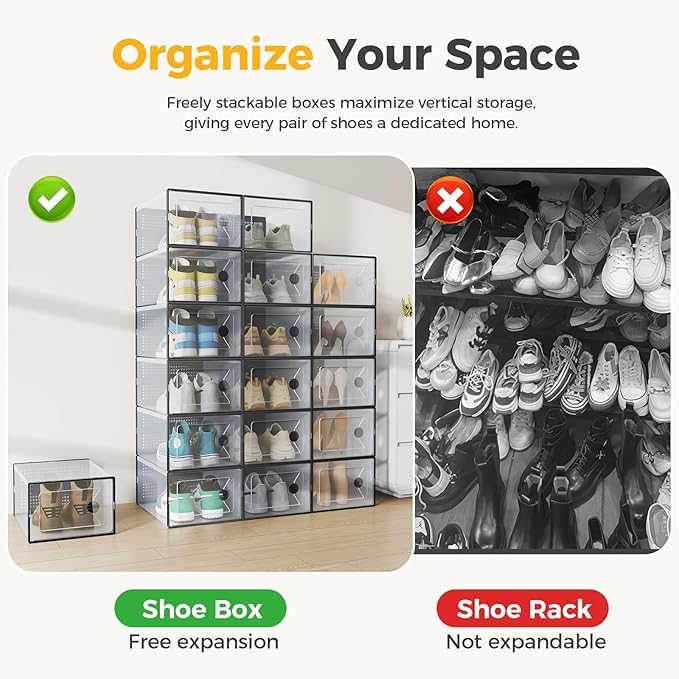 NEWBULIG 30 Clear Shoe Storage Boxes, Shoe Organizer for Closet with Lid, Plastic Stackable Breathable Shoe Cabinet with Lid for Sneakers, Heels & Boots, Black