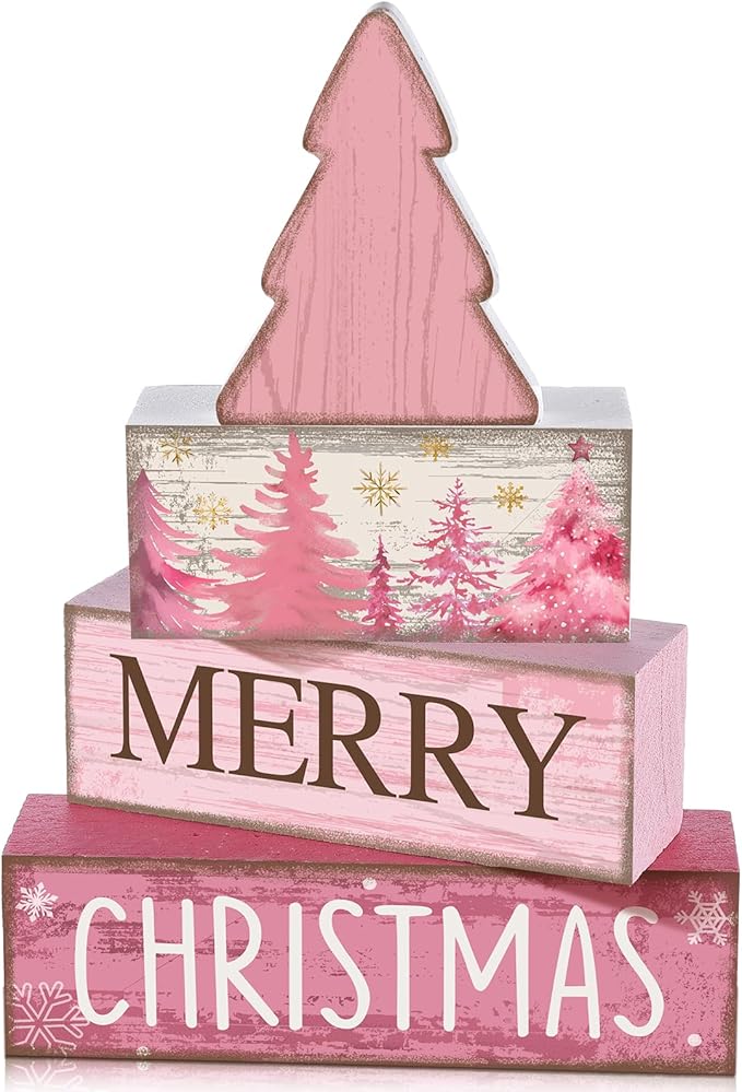 Lineshading 4 Pcs Christmas Table Decoration Wooden Pink Christmas Tree Centerpieces Decor Winter Tiered Tray Decor Rustic Decorative Tree Block Signs Gift Farmhouse Xmas Decoration for Home Kitchen
