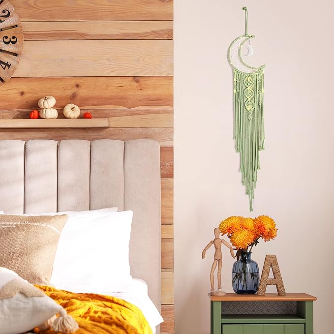 ANROYE Boho Macrame Woven Wall Hanging, Crochet Crescent Moon Star Dream Catcher with Long Tassel- Green Cotton Handmade Bohemian Home Decor Nursery Decoration Art for Kids Bedroom Dorm Room