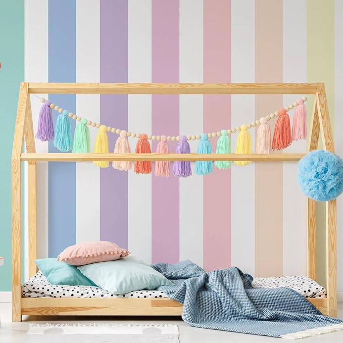 DCJHFJ Pastel Rainbow Boho Tassel Garland Wall Hanging with Wood Beads for Baby Shower Birthday Party Classroom Dorm Nursery Decor