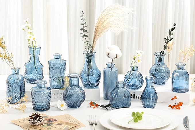 Mini Bud Vases Centerpieces for Tables,Clear Bud Vases for Flowers,Small Flower Vases Suitable for Birthday Party,Anniversary,Wedding Reception,Baby Shower (Blue, 12PCS)