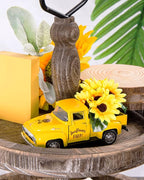 Huray Rayho Sunflower Metal Truck with Artificial Plastic Flower Yellow Vintage Farm Pickup Farmhouse Tabletop Tiered Tray Decor Home Kitchen Mantel Shelf Spring Mini Diecast Truck Decorations