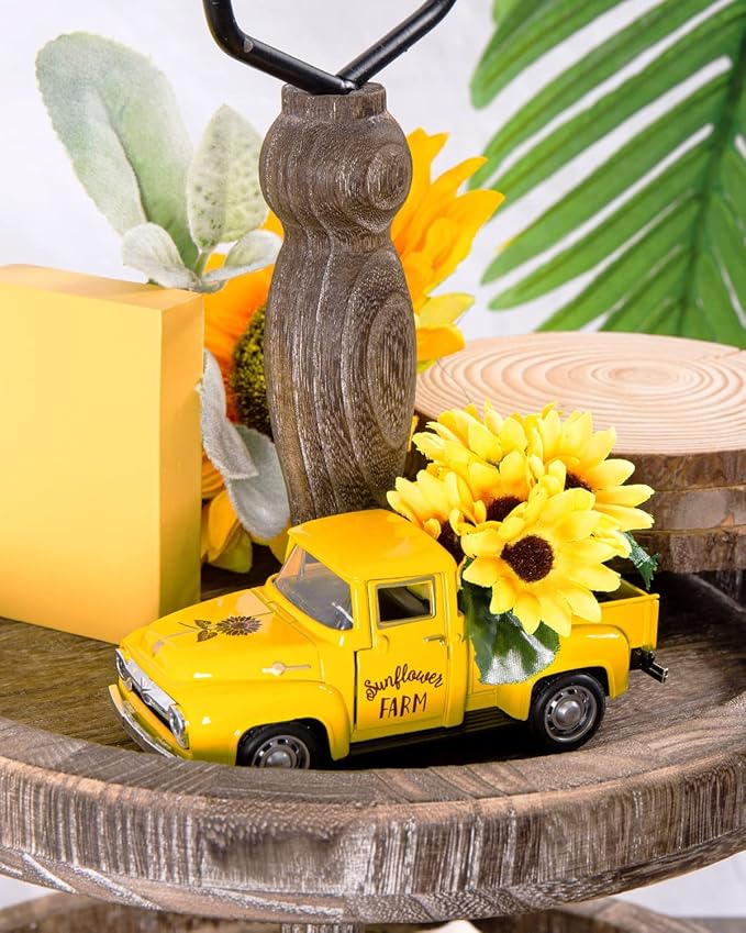 Huray Rayho Sunflower Metal Truck with Artificial Plastic Flower Yellow Vintage Farm Pickup Farmhouse Tabletop Tiered Tray Decor Home Kitchen Mantel Shelf Spring Mini Diecast Truck Decorations