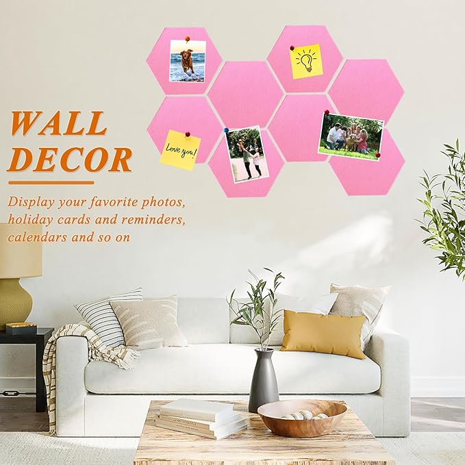 8 Pcs Hexagon Felt Cork Bulletin Board Tiles, Self Adhesive DIY Bulletin Board Pin Board for Office School Home Wall Decor Memos Photos Display(Bright Pink)