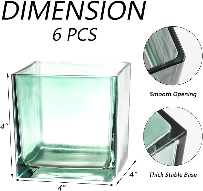 Square Glass Vases Set of 6, 4" x 4" x 4" Square Flower Vases for Centerpieces, Green Vase for Flowers, Small Vase for Wedding, Party, Home Office Decoration