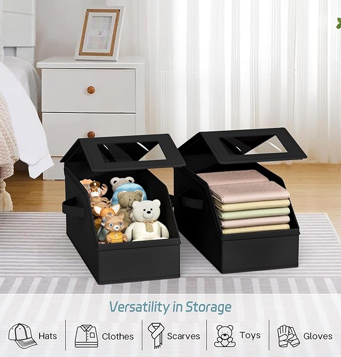 AOODA 2 PCS Stackable Hat Storage for Baseball Caps, Holds up to 24 Caps Hat Organizer for Closet, Sturdy Snapback Boxes for Men with Cardboard (Pure Black)