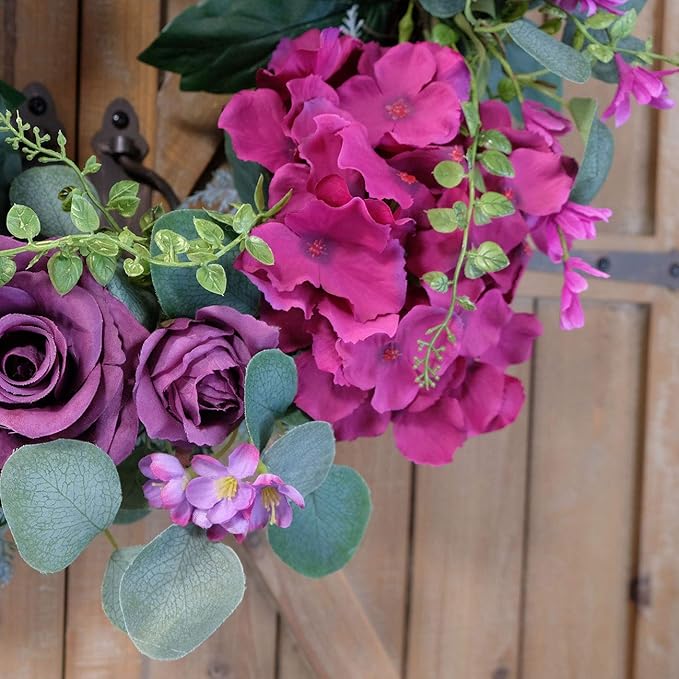 Artificial Purple Rose Wreaths 20 inches Front Door Wreath with Hydrangea Green Leaves Artificial Spring Wreaths Valentines Mother's Day Wreath for Wall Wedding Party Home Decor (Purple)
