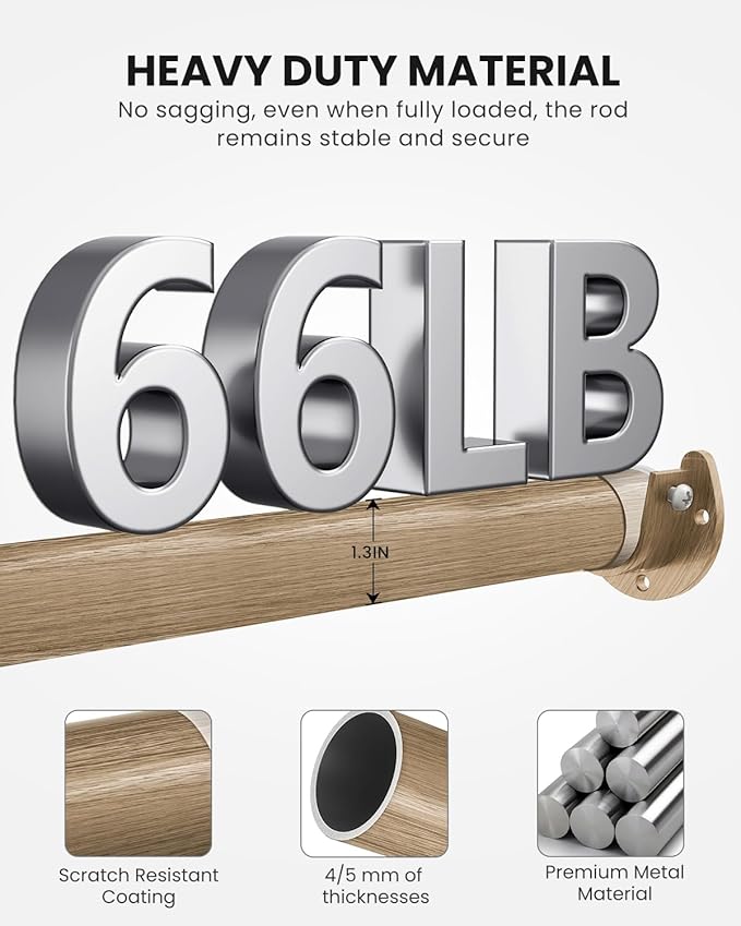 Closet Rods for Hanging Clothes, 17 to 99 Inches Stepless Adjustable Metal Closet Rod, 1.3 Inches Heavy Duty Clothes Hanging Rod for Closet Wardrobes Laundry RV(Wood Grain)
