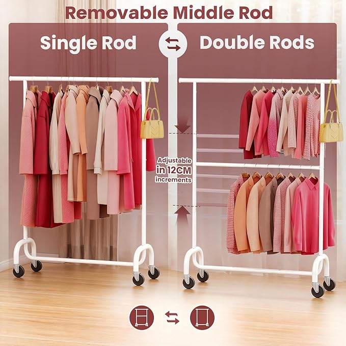 Heavy Duty Clothes Rack Load 600 LBS, Rolling Clothing Rack for Hanging Clothes with Lockable Wheels, Double Rod Garment Rack for Bedroom, Laundry, Clothing Store, White