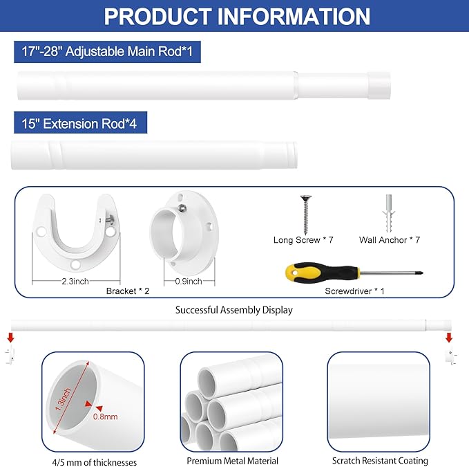 17 to 84 Inch Closet Rods for Hanging Clothes with Screwdriver, Stepless Adjustable Closet Rod Heavy Duty, 1.3 Inch Clothes Hanging Rod Metal Closets Pole Bar for Wardrobes Laundry Bathroom RV, White