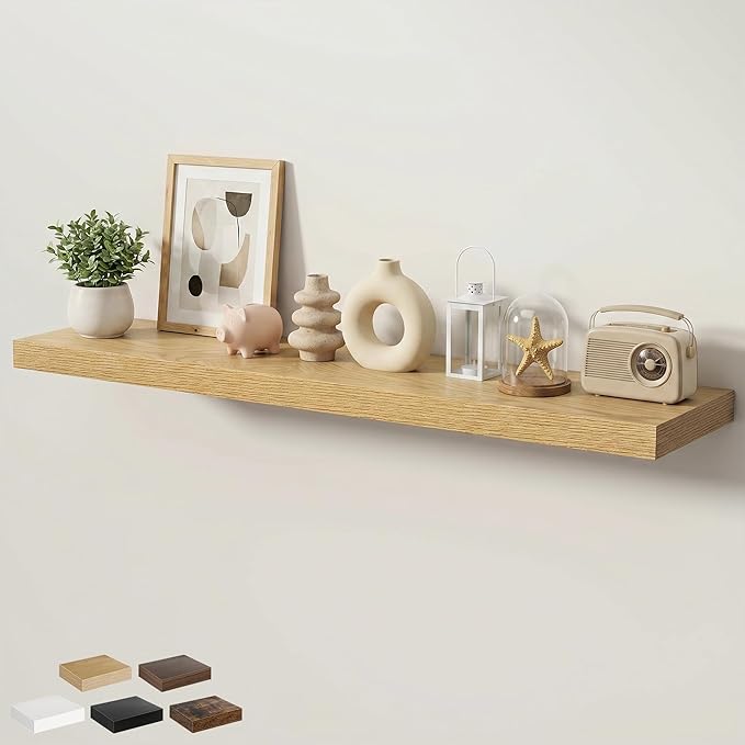 Floating Shelves for Wall 55 in x 9.3 in Deep, Wall Mounted Rustic Wood Shelf with Invisible Brackets for Storage & Display, Living Room Bedroom Bathroom, Oak, 1 Pack