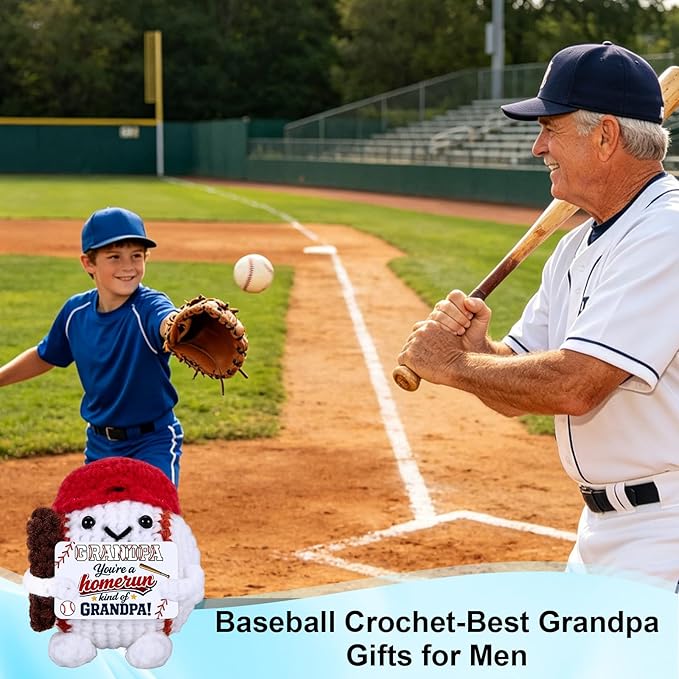 JEWGLO Grandpa Gifts for Fathers Day Baseball Doll Birthday Gifts for Grandpa Positive Handmade Baseball Crochet First Father's Day New Grandpas Gift Ideas for Grandfather from Granddaughter Grandson
