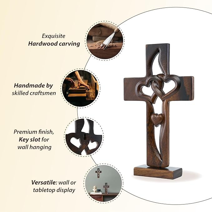 DAICAT - Handcarved Wood Cross with Intertwined Hearts, Crosses Wall Decor, Hand Made Wall Hanging Art Décor, Grift for Wedding (No 6)