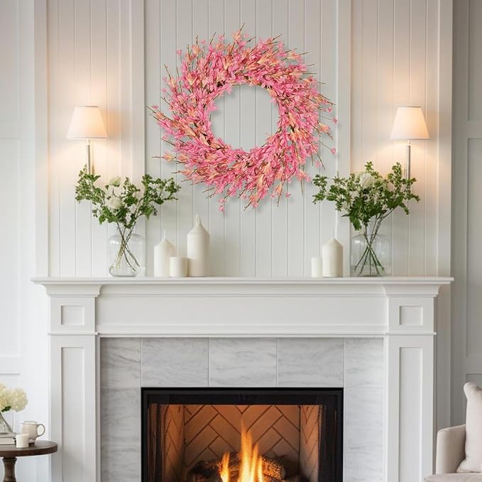 24 Inch Artificial Pink Forsythia Flower Wreath, Silk & Paper Floral Wreaths for Front Door, Romantic Valentine's Day & Spring Summer Decor, All Season Farmhouse Wedding Indoor Outdoor Decor
