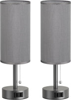 Fenmzee Dark Grey Bedside Table Lamps Set of 2-3 Color Temperatures Pull Chain Lamp with AC Outlet Charging Port, Small Round Night Stand Lamps for Bedroom, Bed Side Light with E26 LED Bulbs