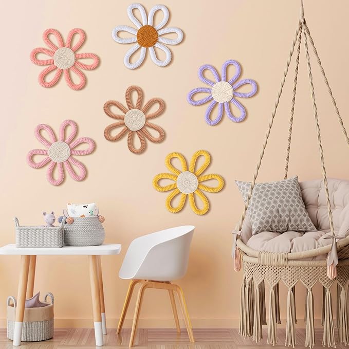Zeyune 6 Pcs Boho Nursery Daisy Flower Wall Art Decor Woven Macrame Wall Pediments Boho Daisy Floral Nursery Art Decor for Home Bedroom Decorations(Colorful,Yarn and Cotton Rope)