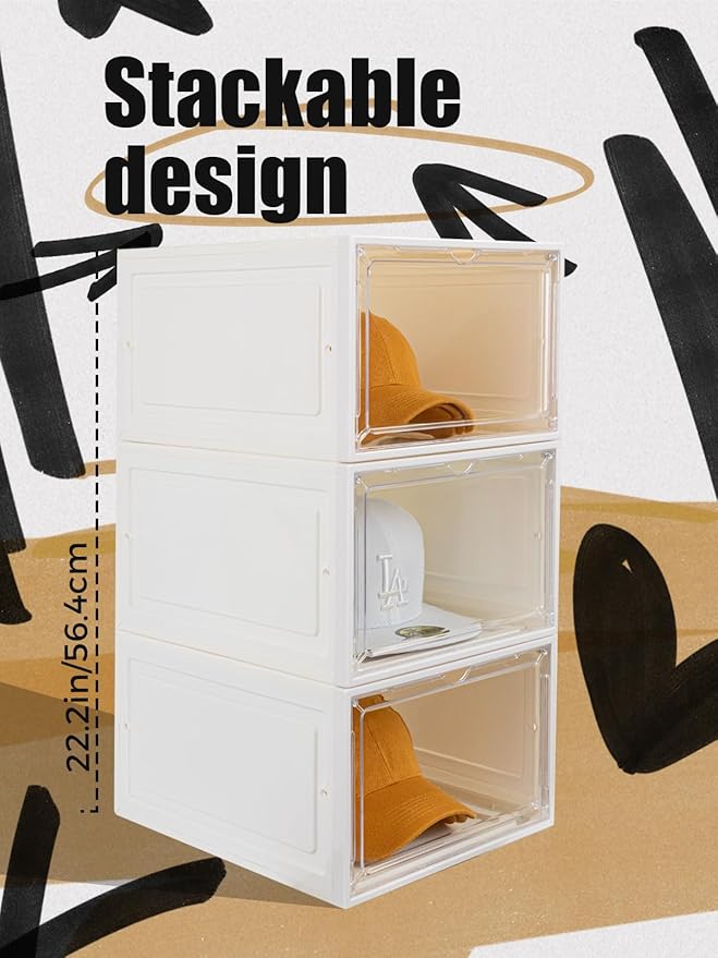 6 Pack Hat Organizer Box, Stackable Clear Baseball Caps Holder Box Containers with Magnetic Door for Hats Snapback Cap Storag, Hat Rack Display Case, Holds 8 Hats Each (White)