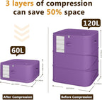 3-Layer Compressible with Zippers Blanket & Comforter Storage Bag,Ultra Space Saving Self Compression Organizer，Save 50% Space, 4 PCS，Purple