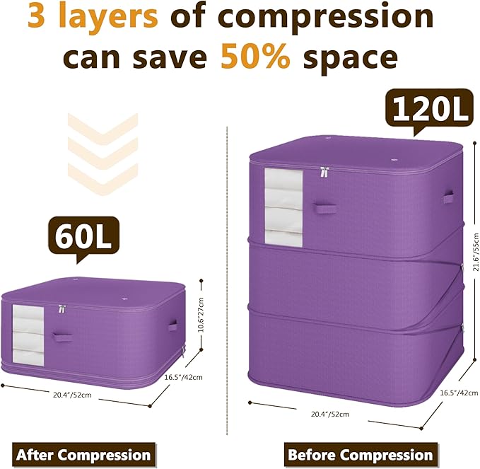 3-Layer Compressible with Zippers Blanket & Comforter Storage Bag,Ultra Space Saving Self Compression Organizer，Save 50% Space, 4 PCS，Purple