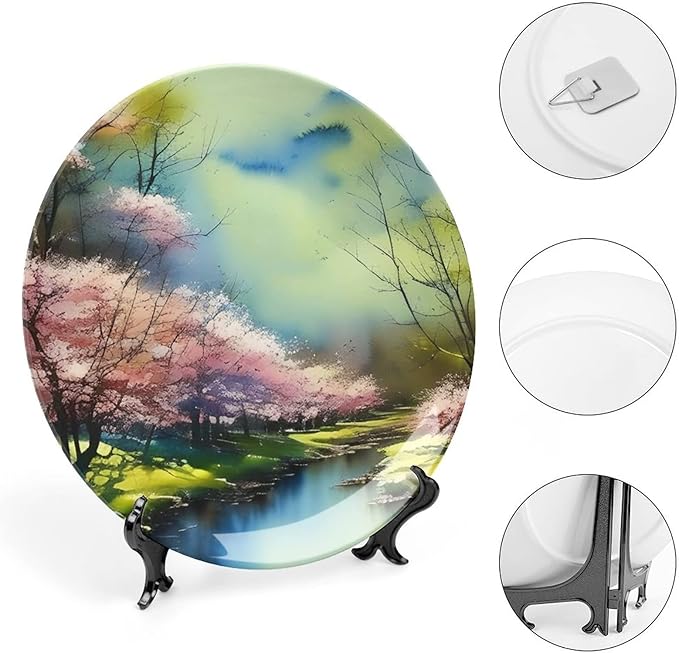 Decorative Plates for Home Decor, Spring Forest Painting Pink Blue Green Decor Tray for Table Display, Ceramic Dinner Plate w/Stand, Living Room Dining Room Decor, Housewarming Gifts, 6 Inch