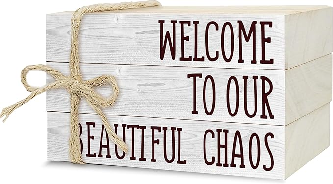 Decorative Books For Home Decor, Rustic Wood Book Stack For Table Decor, Welcome To Our Beautiful Chaos Decor Books For Living Room Bookshelf, Farmhouse Stacked Books Decor (L20)