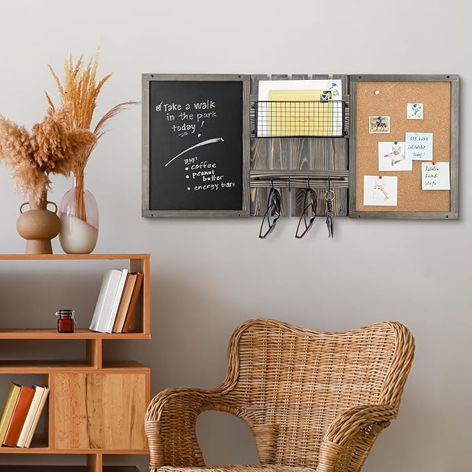 MyGift 3 Panel Wall Mounted Entryway Bulletin Board Combo Set with Vintage Gray Solid Wood Frame, Chalkboard, Cork Board, Black Metal Mail Basket, and Hanging Rail