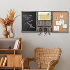 MyGift 3 Panel Wall Mounted Entryway Bulletin Board Combo Set with Vintage Gray Solid Wood Frame, Chalkboard, Cork Board, Black Metal Mail Basket, and Hanging Rail