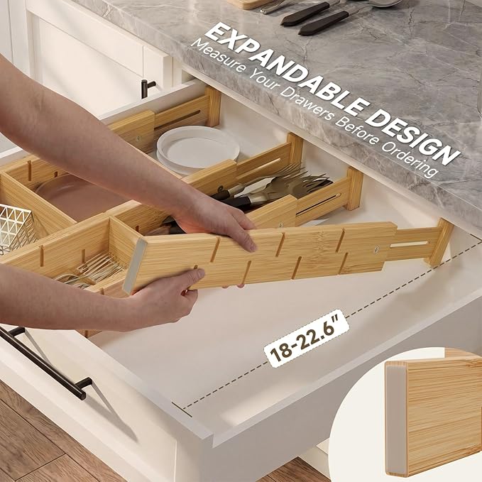 Kitchen drawer organizer,expandable bamboo drawer divider,include 8 dividers,8 small inserts and 8 medium inserts for Home, Office, Dressers (Long-8 Dividers)
