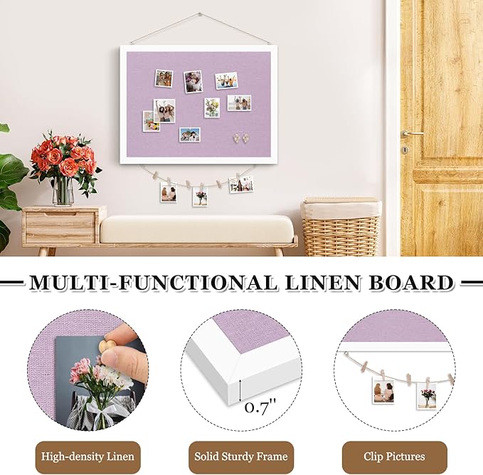 DOLLAR BOSS Bulletin Board with Linen Double-Sided 30" x 20" Linen Cork Boards for Walls Picture Display Vision Board for Office Home School Framed Picture Pin Board, 20 Pushpins 10 Clips, Purple