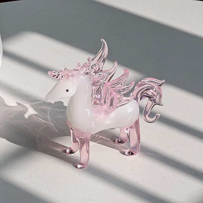 LONGWIN Crystal Pink Unicorn with Wings Animal Collectible Figurines, Hand Blown Glass Animal Gifts for Girls and Women Home Decor