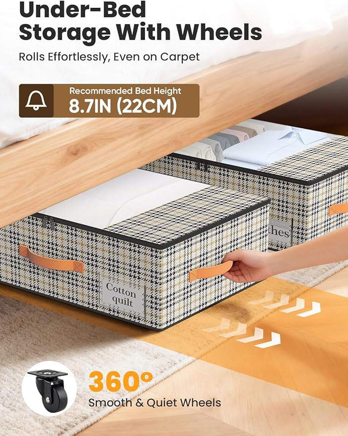 2-Pack Under Bed Storage Bins with Wheels and 4 Vacuum Seal Bags, Heavy Duty 80lbs Capacity,7.9" Height Clear Lid Organizer for Dorm Bedroom Clothes Shoes Toys,Quick Assembly Space Saver Houndstooth