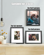 Egofine 9x12 Picture Frames Set of 4, Made of Solid Wood Covered by Plexiglass 5x7 and 6x8 with Mat or 9x12 without Mat, for Table Top Display and Wall Mounting Photo Frame Rustic Black