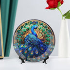Decorative Plates, Watercolor Peacock Stained Glass Design Display Plate for Home Office Kitchen Table Decor Porcelain Plates 8 Inch, Gifts for Peacocks Lover